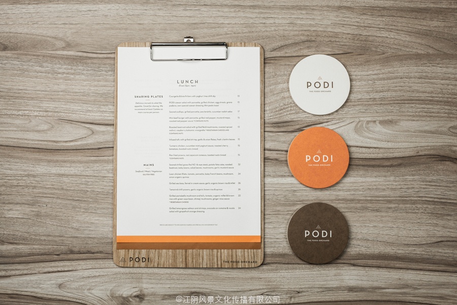 Logotype, menu and coasters designed by Bravo Company for Singapore-based organic restaurant Podi